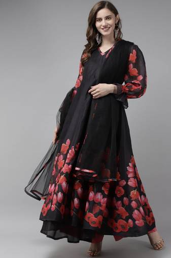 Black Print Chanderi Silk Anarkali Kurta