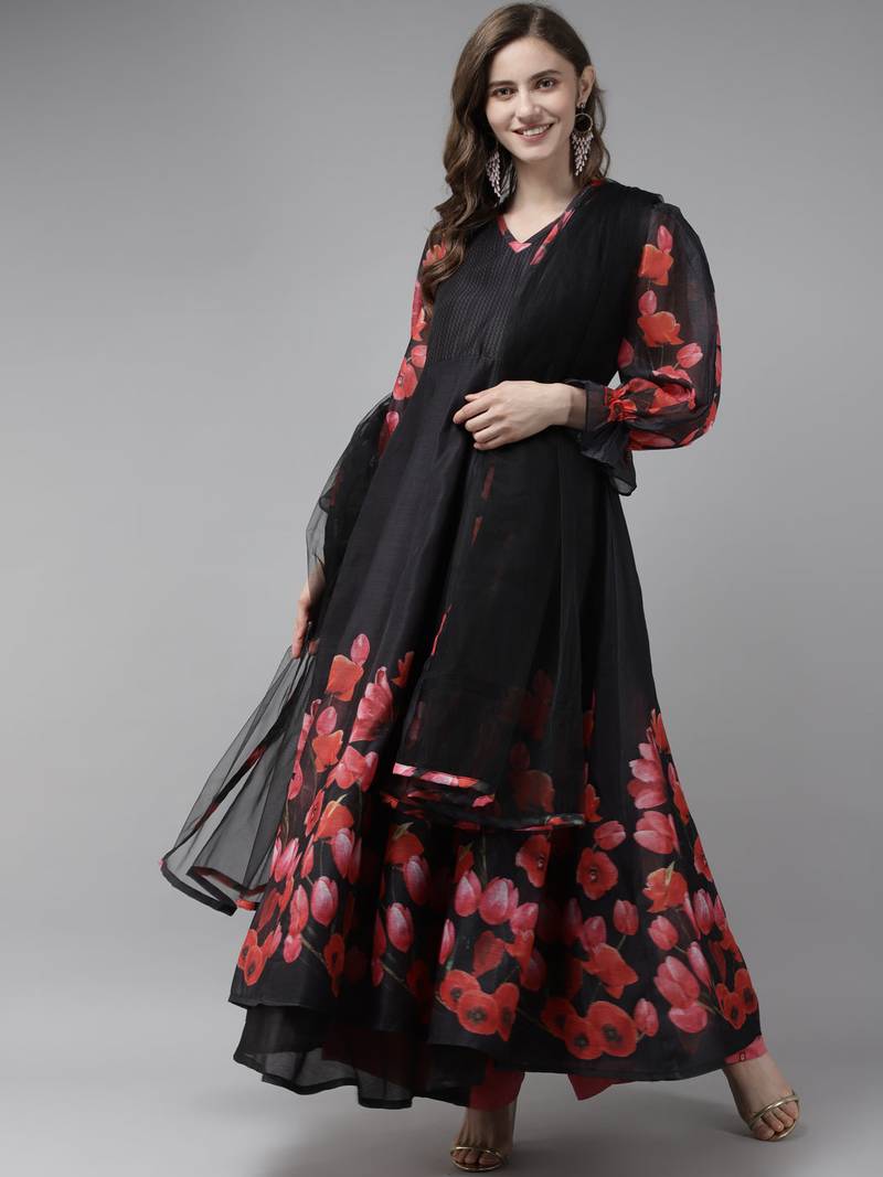 Black Print Chanderi Silk Anarkali Kurta