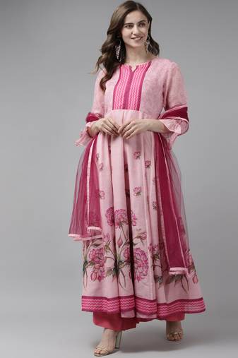 Pink Print Chanderi Silk Anarkali Kurta