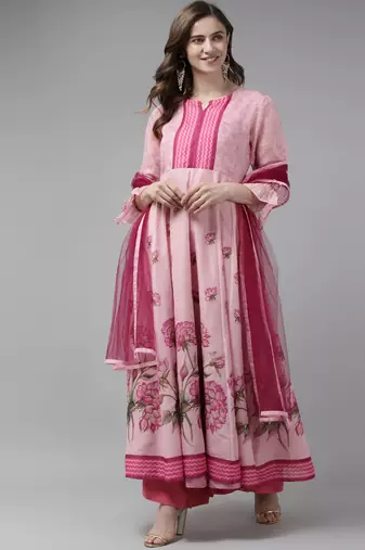 Pink Print Chanderi Silk Anarkali Kurta