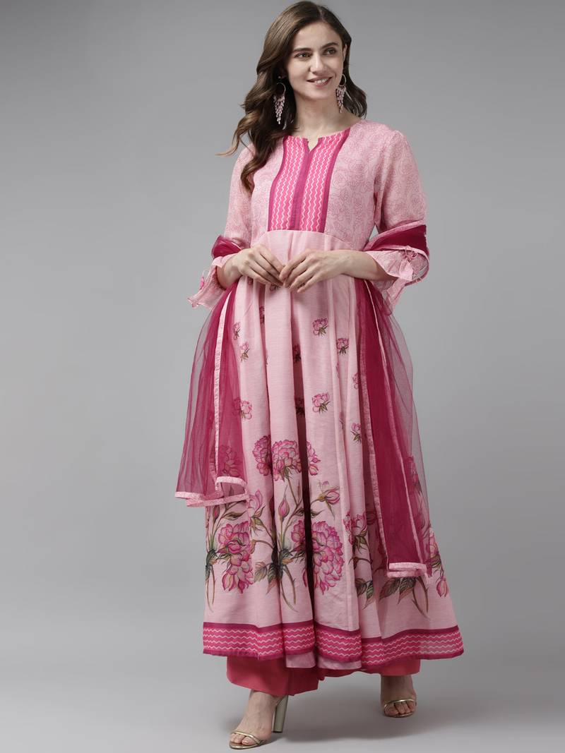 Pink Print Chanderi Silk Anarkali Kurta