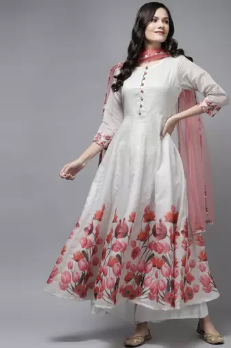 White Print Chanderi Silk Anarkali Kurta