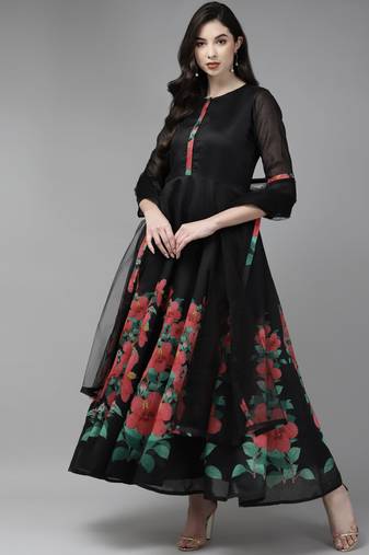 Black Print Chanderi Silk Anarkali Kurta