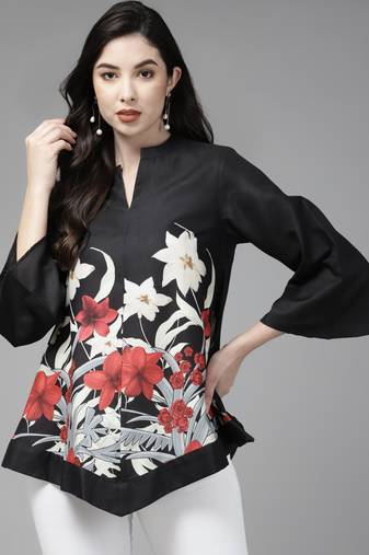 Black Print Cotton Flared Tunic