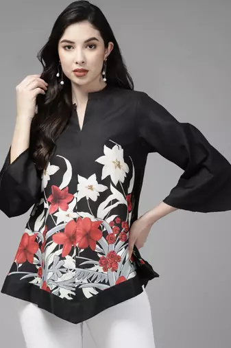 Black Print Cotton Flared Tunic