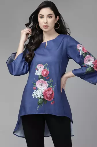 Blue Print Cotton Blend Tunic