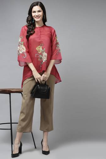 Red Print Poly Silk A-Line Tunic