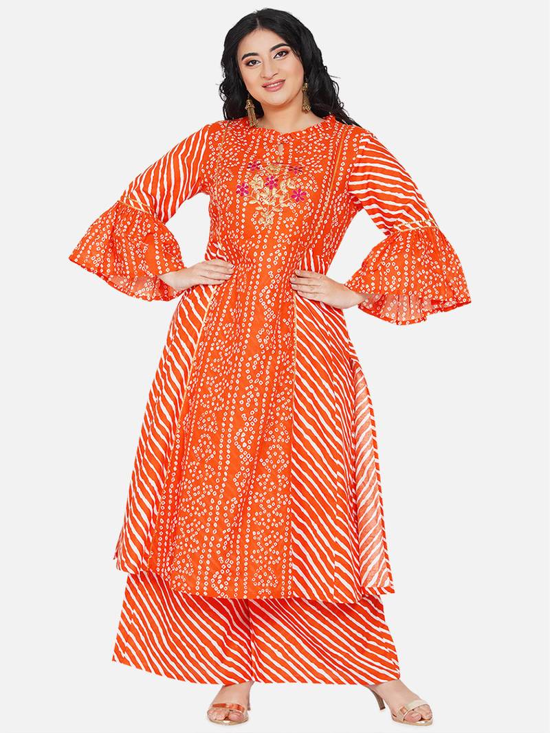 Orange Print Cotton Blend Anarkali Kurta Set