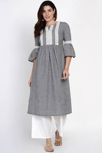 White Print Cotton Blend A-Line Kurta Set