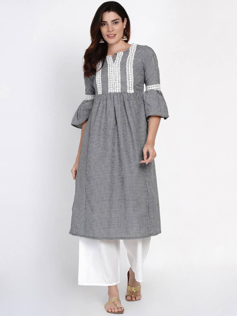 White Print Cotton Blend A-Line Kurta Set