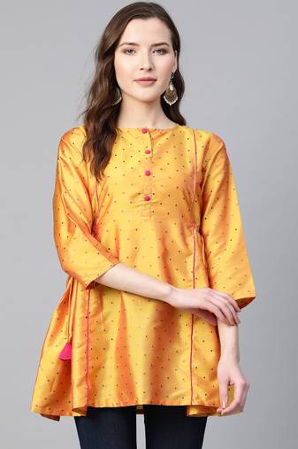 Mustard Self Design Silk A-Line Tunic