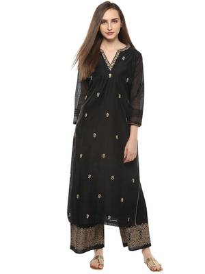 Black Print Cotton Blend Flared Kurta Set 1