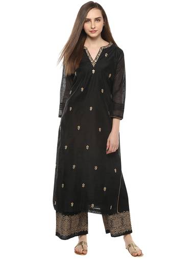Black Print Cotton Blend Flared Kurta Set