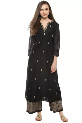 Black Print Cotton Blend Flared Kurta Set