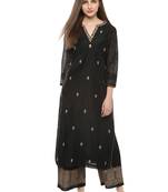 Black Print Cotton Blend Flared Kurta Set