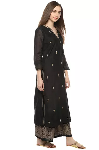 Black Print Cotton Blend Flared Kurta Set