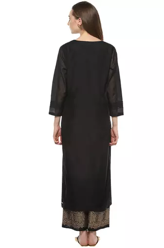 Black Print Cotton Blend Flared Kurta Set
