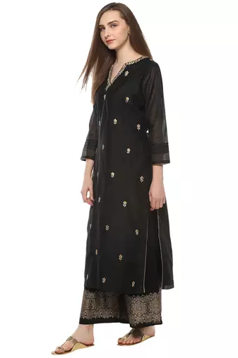 Black Print Cotton Blend Flared Kurta Set