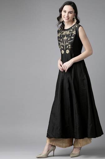 Black Embroidered Cotton Blend Flared Kurta