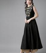Black Embroidered Cotton Blend Flared Kurta