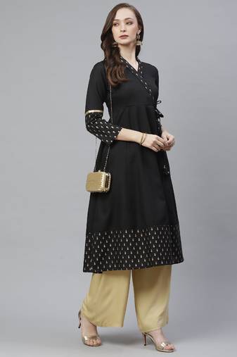 Black Print Cotton Blend Anarkali Kurta