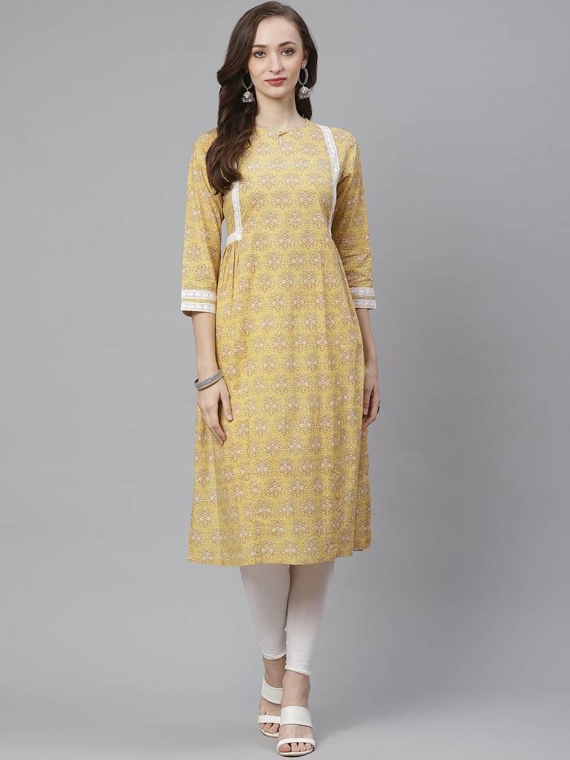 Yellow Print Cotton Blend A-Line Kurta