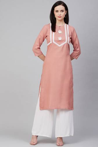 Peach Lace Detail Cotton Blend Straight Kurta