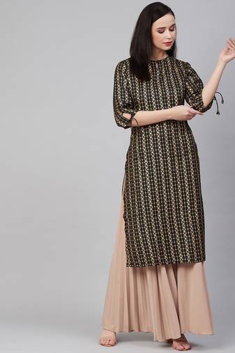 Black Print Cotton Blend Straight Kurta