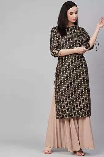 Black Print Cotton Blend Straight Kurta
