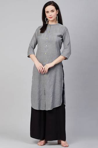 Grey Print Cotton Blend Straight Kurta