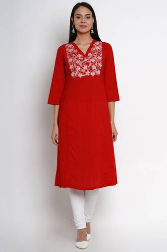 Red Embroidered Cotton Blend Straight Kurta