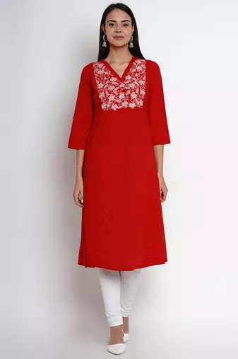Red Embroidered Cotton Blend Straight Kurta