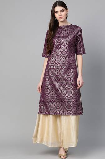 Purple Print Cotton Blend Straight Kurta