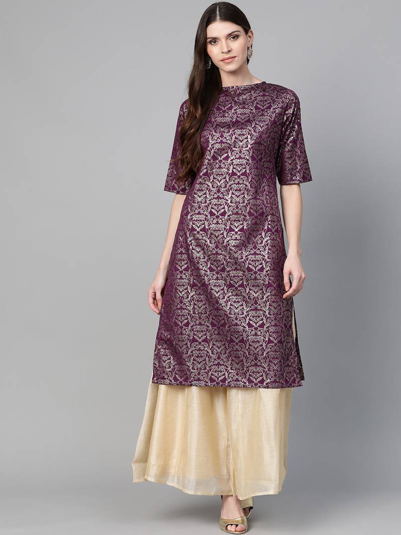 Purple Print Cotton Blend Straight Kurta