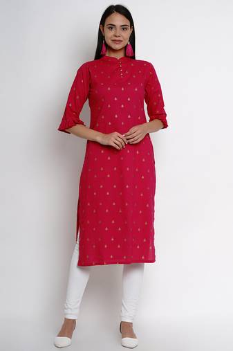 Fuchsia Print Cotton Blend Straight Kurta
