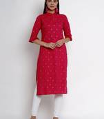 Fuchsia Print Cotton Blend Straight Kurta