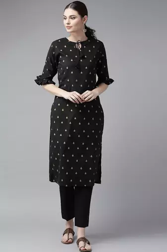 Black Print Cotton Blend Straight Kurta