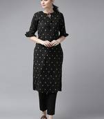 Black Print Cotton Blend Straight Kurta