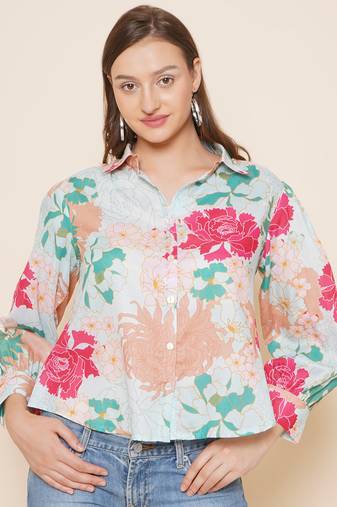 Green Print Cotton Blend Top