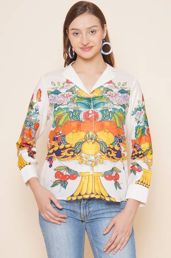 White Print Cotton Blend Top