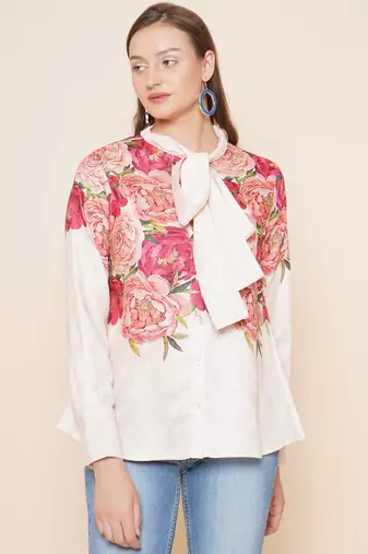 Beige Print Cotton Blend Top