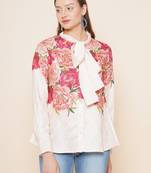 Beige Print Cotton Blend Top