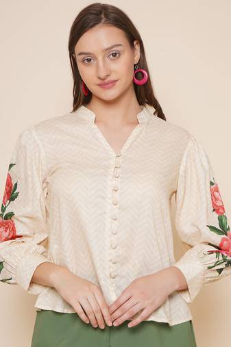Beige Print Cotton Blend Top