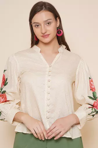 Beige Print Cotton Blend Top