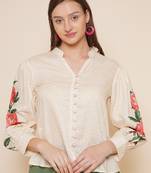 Beige Print Cotton Blend Top