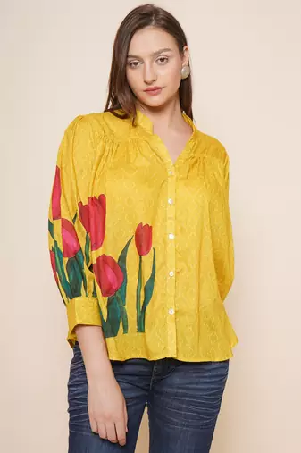 Yellow Print Cotton Blend Top