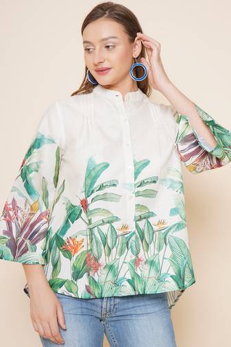 White Print Cotton Blend Top