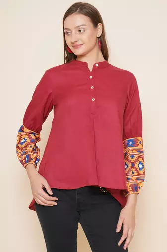 Maroon Print Cotton Blend Top