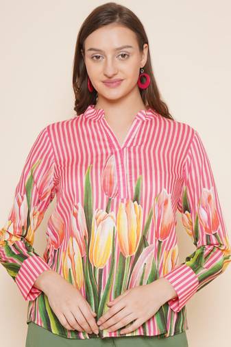 Pink Print Cotton Blend Top