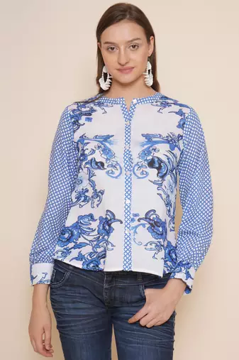 Blue Print Cotton Blend Top